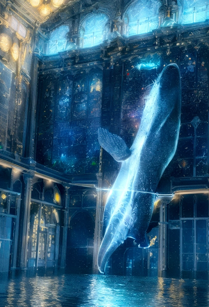(Excellent: 1.2, Highest Quality), (Realistic, Photorealistic: 1.4), Beautiful illustration, Dutch angle, Reflection of the water surface from underwater, (Electricity-like glow, a large whale diving into the sea), Sparkling light runs through the air, The whale is wrapped in electricity and sparkles, Digital data image background, Rainbow-colored digital space, Large planet in the background,