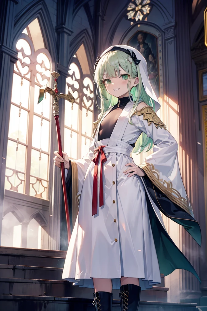 index, index, (Green Eyes:1.5), Silver Hair, Long Hair, (Flat Chest:1.2),Grin,
break habit, Long sleeve, Nuns, Robe, white Robe, Wide sleeves,Long skirt,boots,Put your right hand on your hip,In his left hand he holds a long sacred staff,whole bodyがイラストに入るように,
break looking at viewer, whole body,
break indoors, church,
break (masterpiece:1.2), Highest quality, High resolution, unity 8k wallpaper, (figure:0.8), (Beautiful attention to detail:1.6), Highly detailed face, Perfect lighting, Highly detailed CG, (Perfect hands, Perfect Anatomy),