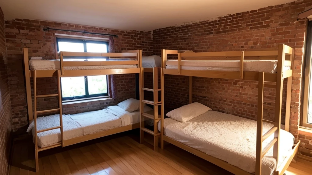 Very simple brick house interior,Very long bunk bed,Empty scene,No furniture,No windows,Without sunlight,night