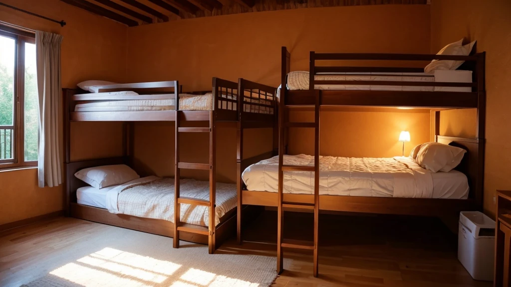 Very simple brick house interior,Very long bunk bed,Empty scene,No furniture,No windows,Without sunlight,night