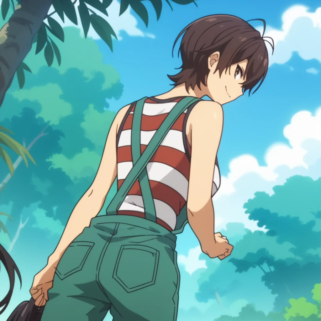 score_9, score_8_up, score_7_up, score_6_up, source anime, anime screencap, anime coloring, miwa, overalls, jungle, trail, looking back, looking at viewer, from behind, smirk, half-closed eyes, cowboy shot, dutch angle,