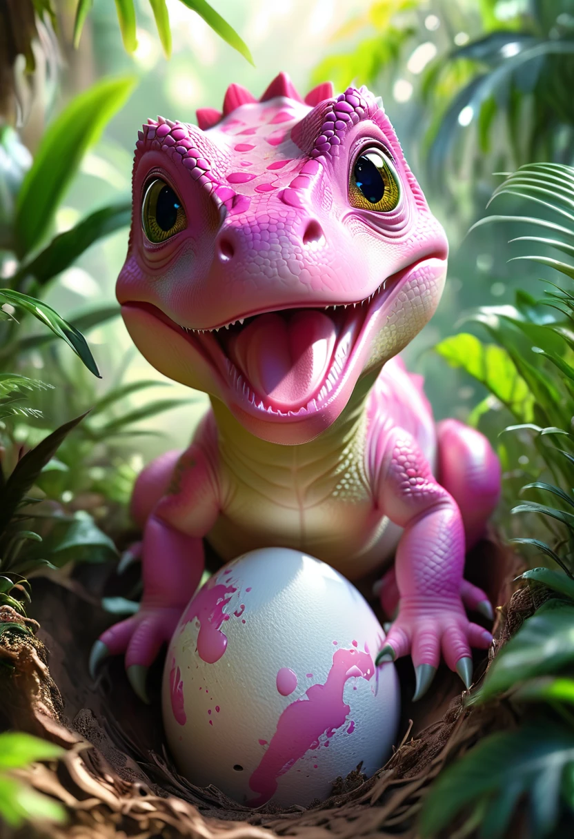(A cute pink baby Tyrannosaurus Rex hatches from an egg), Beautiful and delicate eyes, Long eyelashes,Beautiful and delicate face, Extremely detailed eyes and face, Cute expression, Dense jungle background, Dreamy, Fantastic, watercolor, number, (best quality,4K,8K,high resolution,masterpiece:1.2),Extremely detailed,(Practical,photoPractical,photo-Practical:1.37),Vibrant colors,Soft lighting