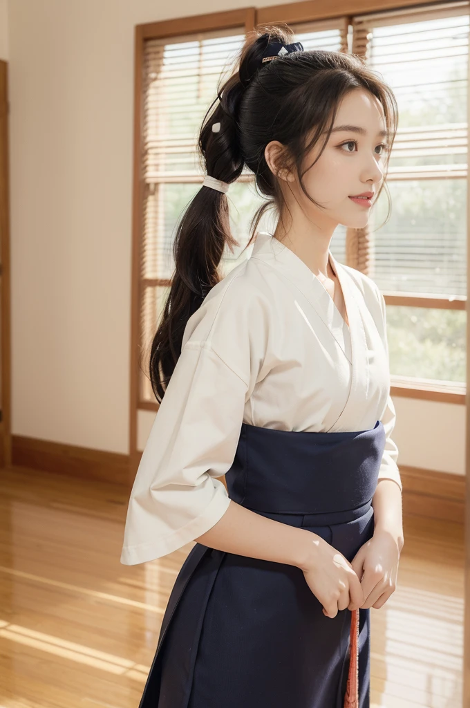 (((best quality))),(((ultra detailed))),(((masterpiece))),illustration,1girl,solo,short ponytail,slim,thin,small breasts,flat chest,collar,white kendogi,three-quarter sleeves,navy-blue kendo hakama,standing in kendodo gym,arms behind back,focused and determined expression,ready for challenge,slender and elegant face,confident and resilient,fair skin,blush,neat teeth,bright smile,clean and tidy uniform,wooden gym floor,wall,pine scent,standard grip,ready to slice through obstacles,strong belief,determination,spirit of resilience,admiring,from front,upper body