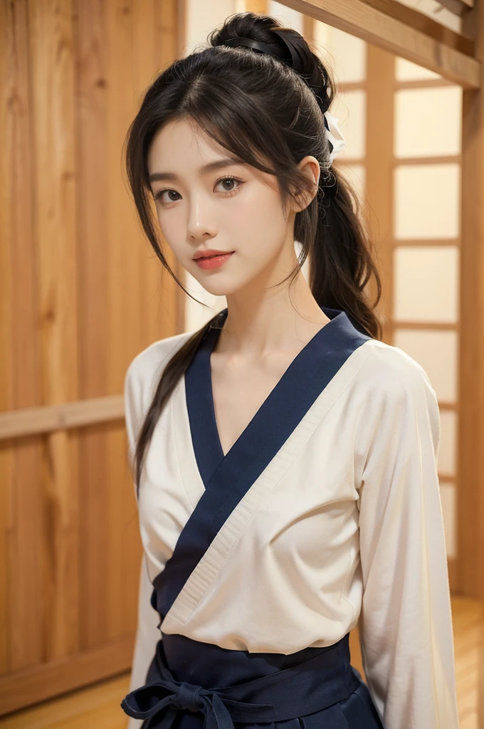 (((best quality))),(((ultra detailed))),(((masterpiece))),illustration,1girl,solo,short ponytail,slim,thin,small breasts,flat chest,collar,white kendogi,three-quarter sleeves,navy-blue kendo hakama,standing in kendodo gym,arms behind back,focused and determined expression,ready for challenge,slender and elegant face,confident and resilient,fair skin,blush,neat teeth,bright smile,clean and tidy uniform,wooden gym floor,wall,pine scent,standard grip,ready to slice through obstacles,strong belief,determination,spirit of resilience,admiring,from front,upper body