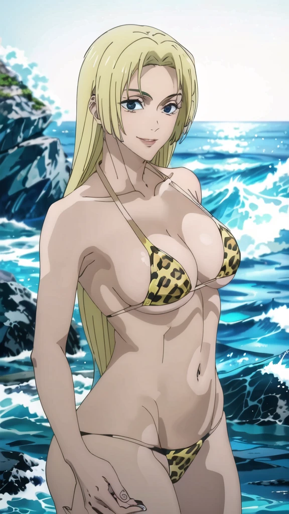 (masterpiece, 4K, Highest quality, anime style: 1.9, Detailed face, Lovely, Ocean,bold, High resolution, anime, alone, Curvaceous, Thighs, Cleavage, Center of chest, smile, Very slim belly, Cowboy Shot,Leopard print bikini,1 Girl, One hand behind the head,JUJUTSU KAİSEN,Yuki Kujuku,((Blonde)),(Naked in a swimsuit),Long Hair,Accurate Eyes