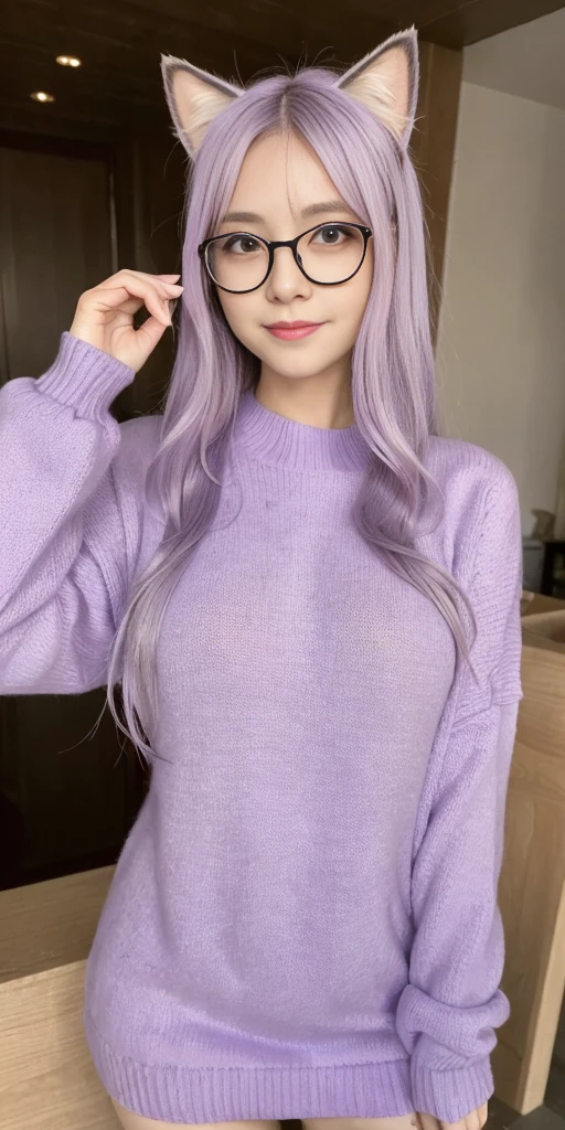 masterpiece, best quality, 1girl, ((looking at viewer)), lilac hair, purple eyes, long hair, ahoge, sweater, sweater skirt, pantyhose, 163cm, hair between eyes, large breasts, adult, 33 years old, mature, glasses, solo, sole, smile, cat ears, cat tail, fang, catgirl, animal ears