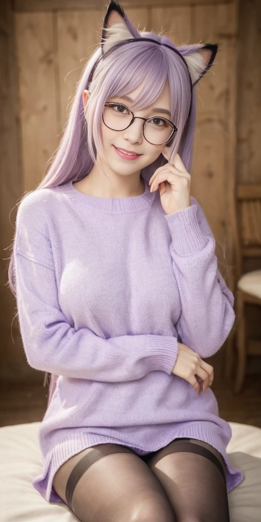 masterpiece, best quality, 1girl, ((looking at viewer)), lilac hair, purple eyes, long hair,  ahoge, sweater, sweater skirt, pantyhose, 163cm, hair between eyes, large breasts, adult, 33 years old, mature, glasses, solo, sole, smile, cat ears, cat tail, fang, catgirl, animal ears