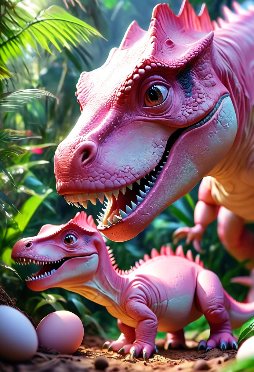 (Two cute pink Tyrannosaurus Rex hatched from eggs), Beautiful and delicate eyes, Long eyelashes,Beautiful and delicate face, Extremely detailed eyes and face, Cute expression, Dense jungle background, Dreamy, Fantastic, watercolor, number, (best quality,4K,8K,high resolution,masterpiece:1.2),Extremely detailed,(Practical,photoPractical,photo-Practical:1.37),Vibrant colors,Soft lighting
