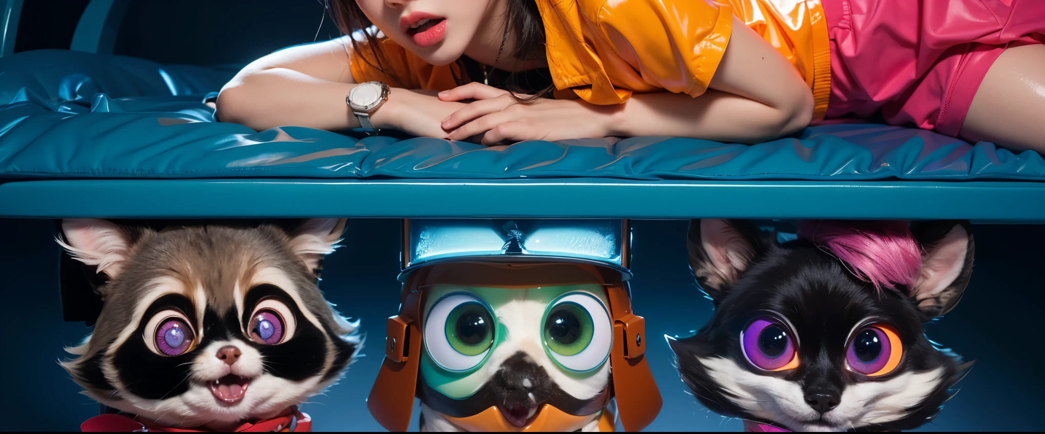 The image shows a girl lying on a bed. She is wearing a white t-shirt and pink shorts. The girl is resting her head on her hands, and her hair is styled in two buns. Her face is obscured, adding an element of mystery to the image. The bed and pillow are blue, and the background is also in deep blue tones, creating a monochromatic color scheme. The floor is made of wood and shares the same blue hue. The atmosphere of the scene is calm and mysterious, with a focus on the girl lying on the bed. clouds, A 3D, glossy scene featuring two adorable latex-like purple cats with a shiny, plastic finish. The cats have large, expressive eyes and are positioned playfully on fluffy clouds in the night sky. The lighting is realistic, highlighting the glossy, reflective surfaces of the cats clouds and creating a vibrant, magical atmosphere. The overall clouds effect is smooth and polished, with the latex clouds and plastic textures enhancing the whimsical and lifelike appearance of the characters. cloudsмультяшный рендеринг ключевого кадра, милый 3D рендеринг,,Create ultra sharp цветной рендеринг zbrush. perfect cgi, cgi art created only with gradients, smooth silhouette, Create ultra sharp skin, high intensity refraction, (plastic material), most beautiful vfx, blue background, plastic refractions, glossy texture, smooth 3d model, multiple light sources, rim light, sharp post effects render, (glossy plastic texture with multiple big light probe refractions), perfect cgi, cgi art created only with gradients, smooth silhouette, high intensity refraction, (plastic material), most beautiful vfx, blue background