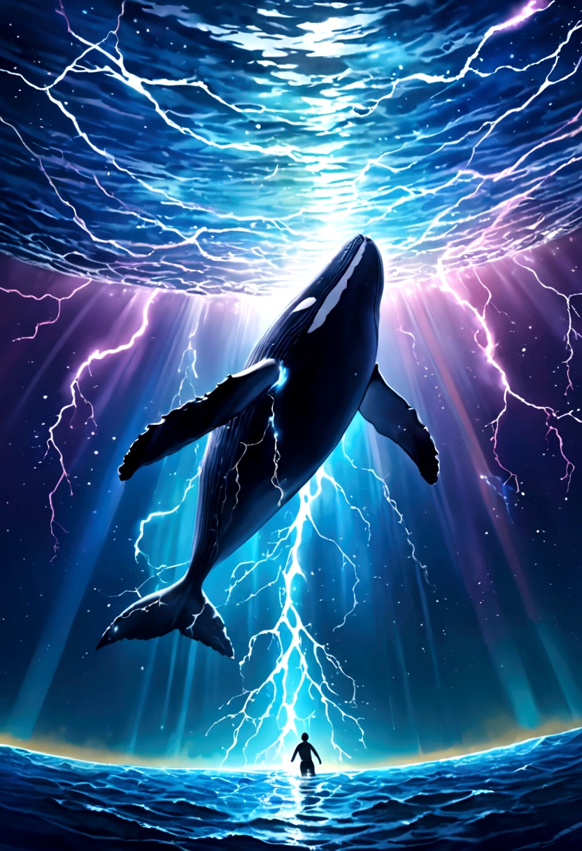(Excellent: 1.2, Highest Quality), (Realistic, Photorealistic: 1.4), Beautiful illustration, Dutch angle, Reflection of the water surface from underwater, (Electricity-like glow, a large whale diving into the sea), Sparkling light runs through the air, The whale is wrapped in electricity and sparkles, Digital data image background, Rainbow-colored digital space, Large planet in the background,