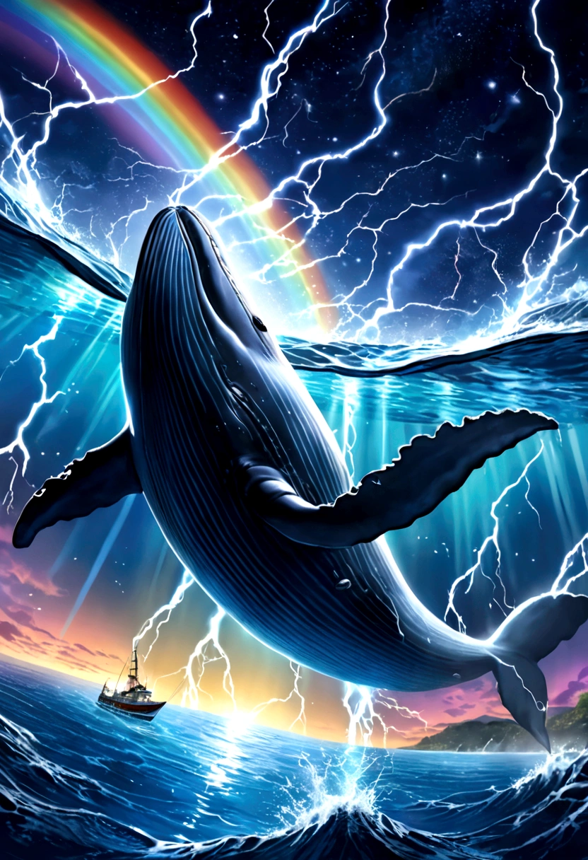 (Excellent: 1.2, Highest Quality), (Realistic, Photorealistic: 1.4), Beautiful illustration, Dutch angle, Reflection of the water surface from underwater, (Electricity-like glow, a large whale diving into the sea), Sparkling light runs through the air, The whale is wrapped in electricity and sparkles, Digital data image background, Rainbow-colored digital space, Large planet in the background,