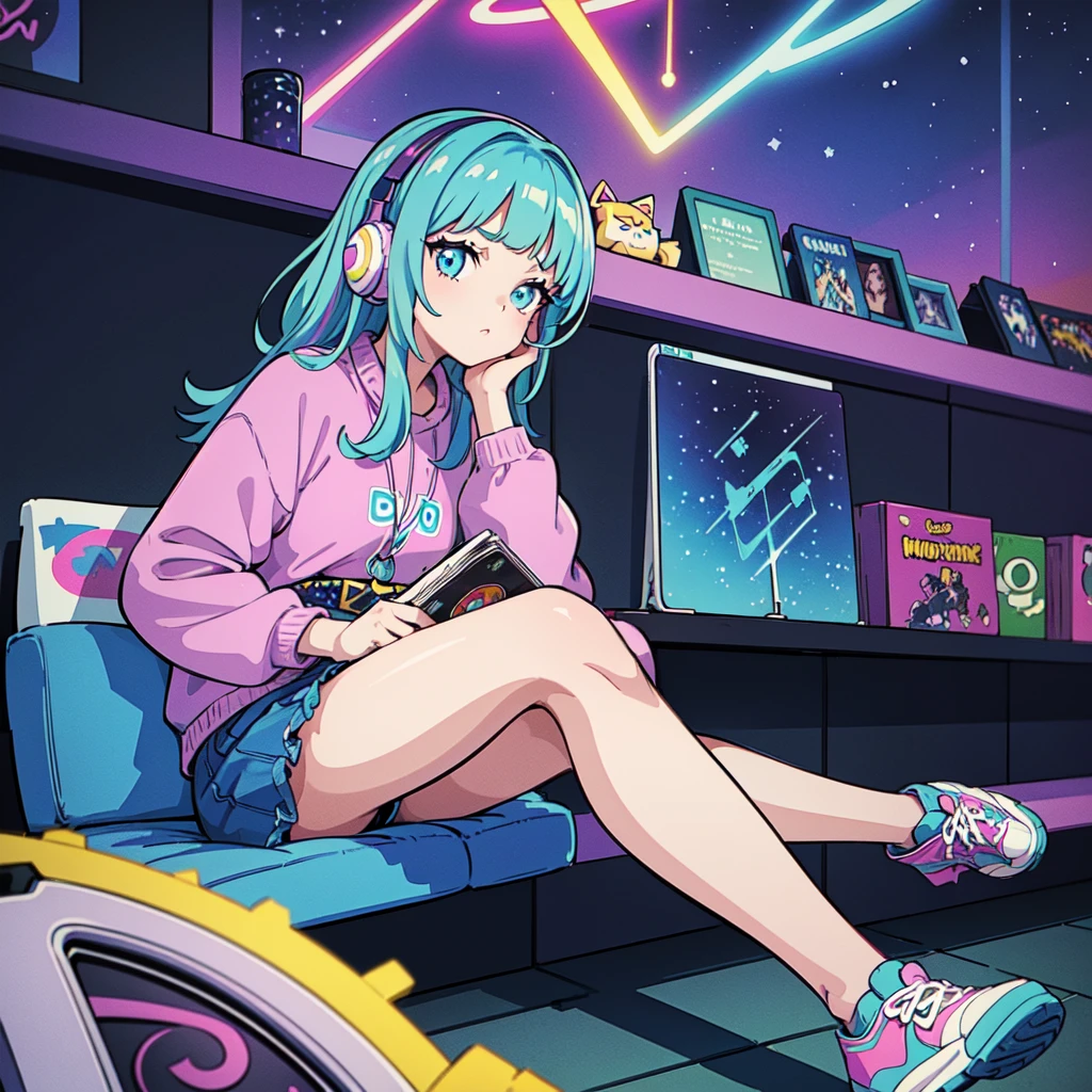 (masterpiece), Highest quality, Expressive eyes, Neon pastel aesthetics, Retro 90s, Neon color,((Girl sitting on sofa,In a cozy room,Records hanging on her wall, Comic books on the floor, Looking out the window behind her at the night city, Upholstered room, Anime figures lined up on a shelf)), Wearing headphones, (All around her it sparkles), (wearing thick colorful sneakers), (blue eyes), (Soft look), (Synthwave Art Style), Colorful Hair, Desk with PC set up