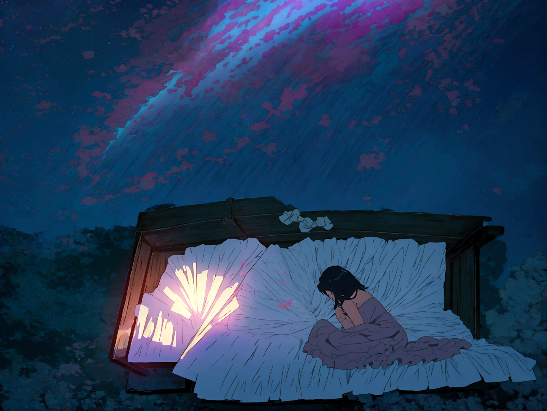 night　Ocean view from the room　night空　The stars shine　The girl is sleeping