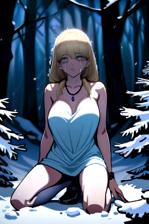 masterpiece, Best quality, Russian girl ., crying with fear, blonde, Curly, Medium length hair without styling, Snow on wet hair , Short dress with long sleeves, Bracelet on the left wrist, necklace on the neck, Black openwork stockings, high heel shoes, His skin was covered in goosebumps, Kneeling in deep snow in the middle of a winter forest, looks into the distance, Snowy Wild Forest, Cold, snowing, Beautiful face, Freezes, Lips turn blue, thin body, slender legs, steam from the mouth, Tears на глазах, Mascara dripping from eyes , desperate, scared look ,Deep Snow, Snowflakes are falling, , The body turns red ,cold, Tears,full nude ,big breasts