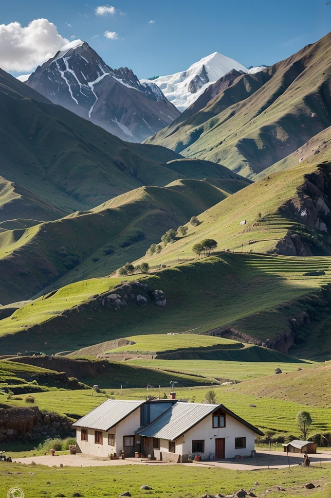 I want you to generate a logo for a refuge in the Andes, something agricultural. With a transparent background for the logo that is somewhat futuristic and cartoon-like, With a background view of the prone Andes and the agriculture and livestock around this beautiful home that would become a refuge and is sophisticated