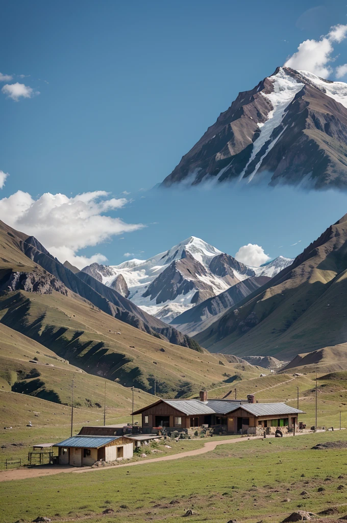 I want you to generate a logo for a refuge in the Andes, something agricultural. With a transparent background for the logo that is somewhat futuristic and cartoon-like, With a background view of the prone Andes and the agriculture and livestock around this beautiful home that would become a refuge and is sophisticated