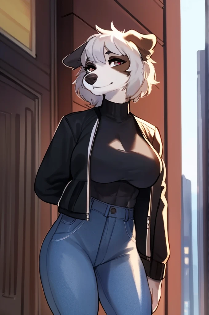 By bebebebebe, by lostgoose, by goonie-san, (by spuydjeks), solo, female, standing, canine, (bearded collie, detailed eyes), ((snout, hair)), (grey fur, light grey fur), big breasts, hands behind back, looking at viewer, English city, brown townhouses, standing in the city, (high-waisted jeans), crop shirt, jacket, abs, (Balenciaga)
