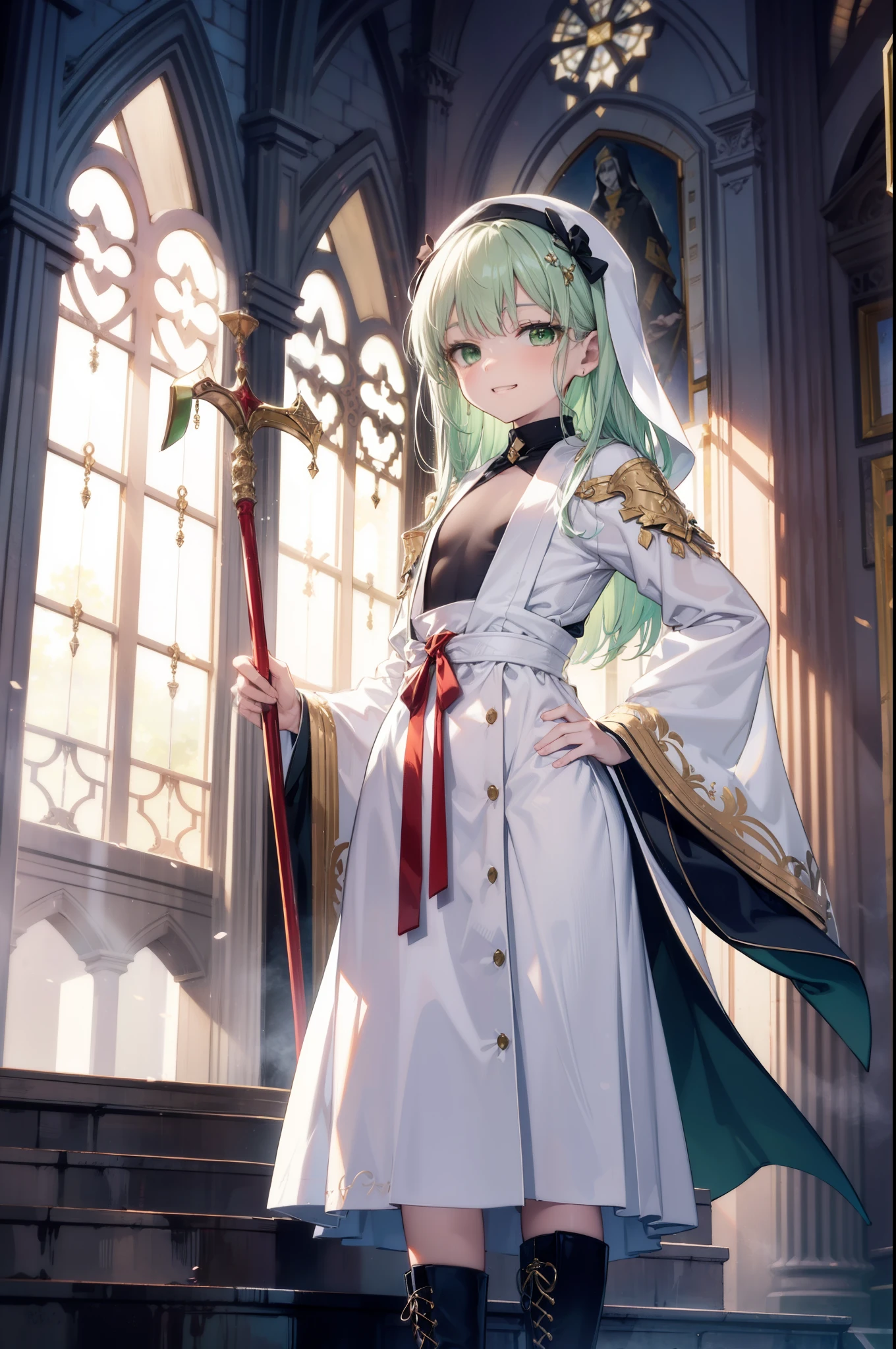 index, index, (Green Eyes:1.5), Silver Hair, Long Hair, (Flat Chest:1.2),Grin,
break habit, Long sleeve, Nuns, Robe, white Robe, Wide sleeves,Long skirt,boots,Put your right hand on your hip,In his left hand he holds a long sacred staff,whole bodyがイラストに入るように,
break looking at viewer, whole body,
break indoors, church,
break (masterpiece:1.2), Highest quality, High resolution, unity 8k wallpaper, (figure:0.8), (Beautiful attention to detail:1.6), Highly detailed face, Perfect lighting, Highly detailed CG, (Perfect hands, Perfect Anatomy),