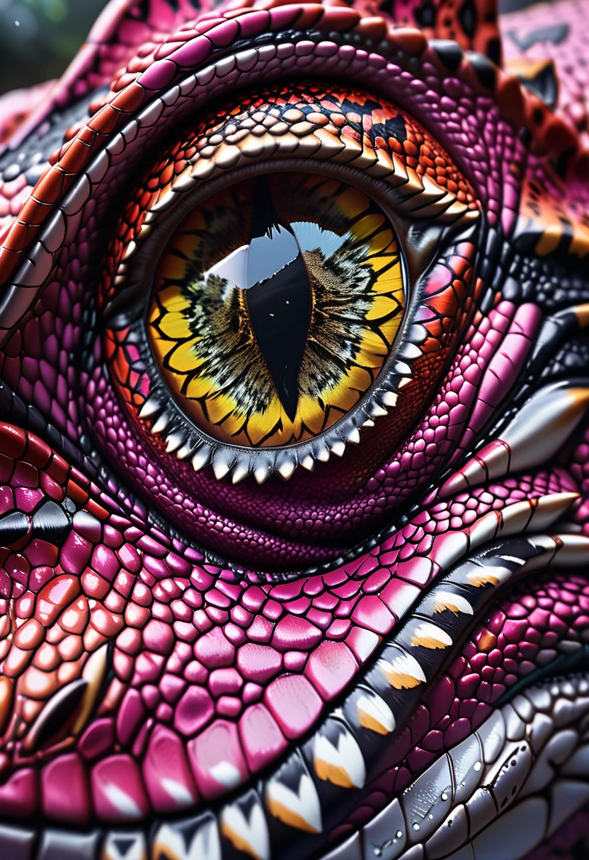 there is a large (black and white butterfly: 1.2)  sitting on the top of the nose of a (bright pink T-rex: 1.2) dinosaur, the butterfly wings are spread wide to display, a really close up shot, (masterpiece: 1.4) intense details, highly detailed, photorealistic, best quality, highres,16k, [ultra detailed], masterpiece, best quality, (extremely detailed), close up facial shot, picture, shot taken from really close distance