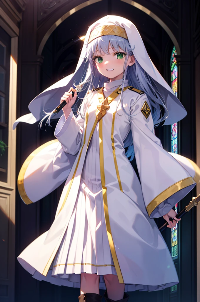 index, index, (Green Eyes:1.5), Silver Hair, Long Hair, (Flat Chest:1.2),Grin,
break habit, Long sleeve, Nuns, Robe, white Robe, Wide sleeves,Long skirt,boots,Put your right hand on your hip,In his left hand he holds a long sacred staff,whole bodyがイラストに入るように,
break looking at viewer, whole body,
break indoors, church,
break (masterpiece:1.2), Highest quality, High resolution, unity 8k wallpaper, (figure:0.8), (Beautiful attention to detail:1.6), Highly detailed face, Perfect lighting, Highly detailed CG, (Perfect hands, Perfect Anatomy),