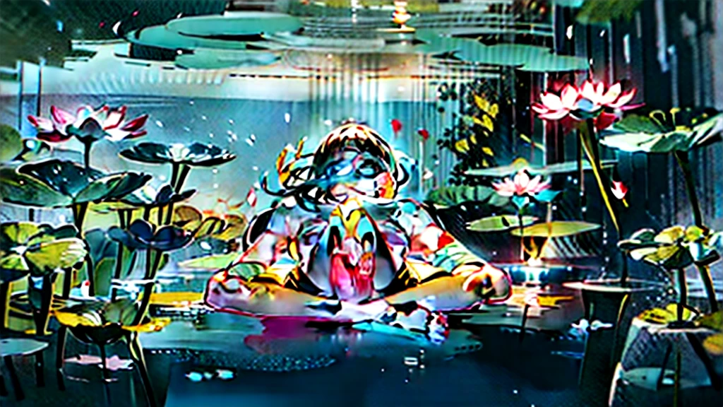 (bright colors),lotus pose,Girl floating in the air,detailed portrait,tranquil background,gentle shadow,soft light,Meditation atmosphere,Fine lines.Minimalist Journey,Girl floating in the air，Girl floating in the air，16:9