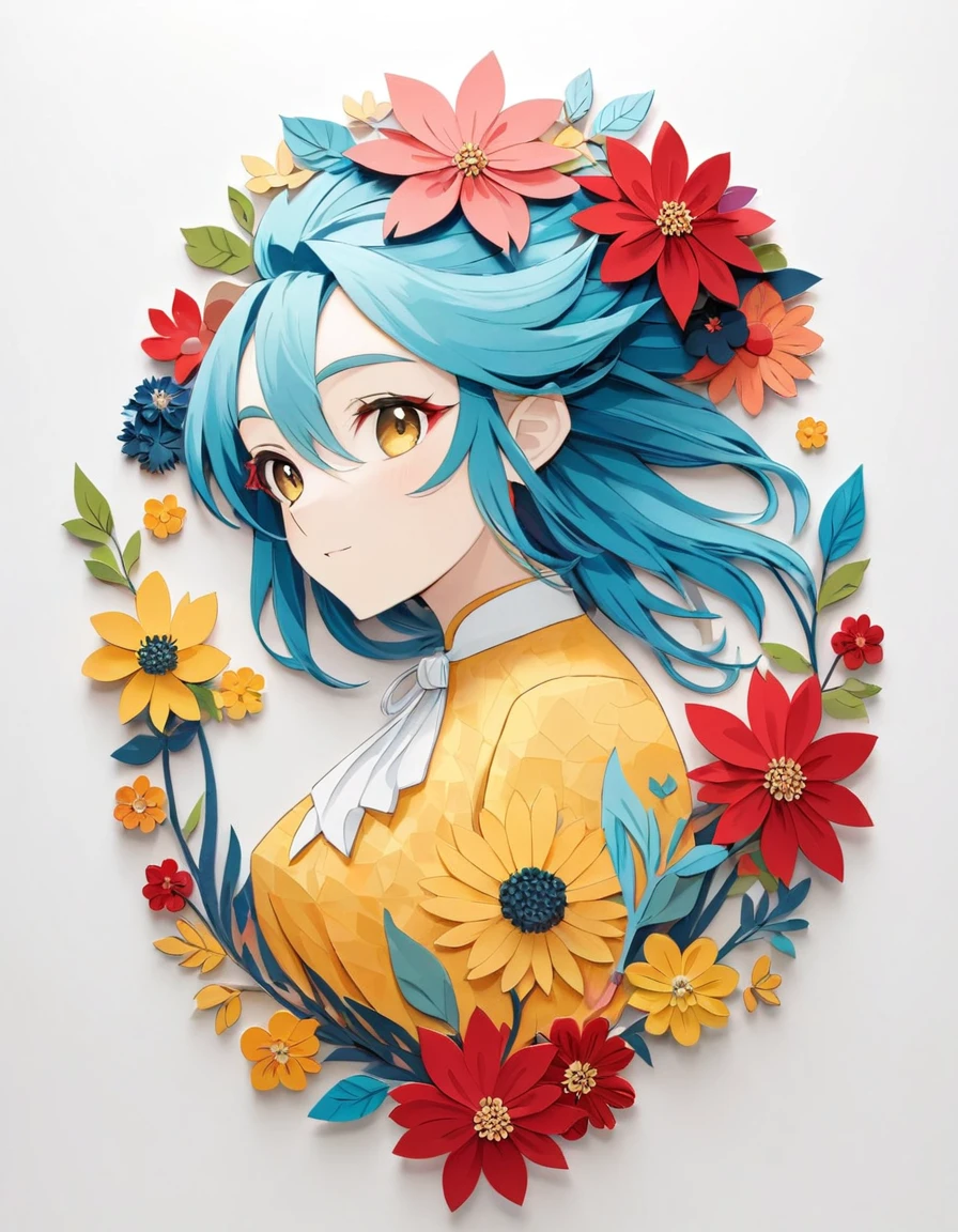 Paper cutting art,(Flat paper cutout,Paper Art,layered Paper Art,Paper Quilting, Digital Art),against a pure white background,(High detail, masterpiece, Highest quality, Ultra-high resolution),woman、womanを画像サイズ内に描く、Upper Body、From the waist up、Eyes are patchy、Sparkling eyes、Non-rev�ve clothing、Long sleeve blouse、flower、Facing forward、Smiling、(Red Hair:2)、Short Hair、flowerの種類変えて、Change the pose、Change your body position、Change your body position、Yellow and pink as main colors、Change your hairstyle、Change your hair color、Change your clothes、Don't change the frame、