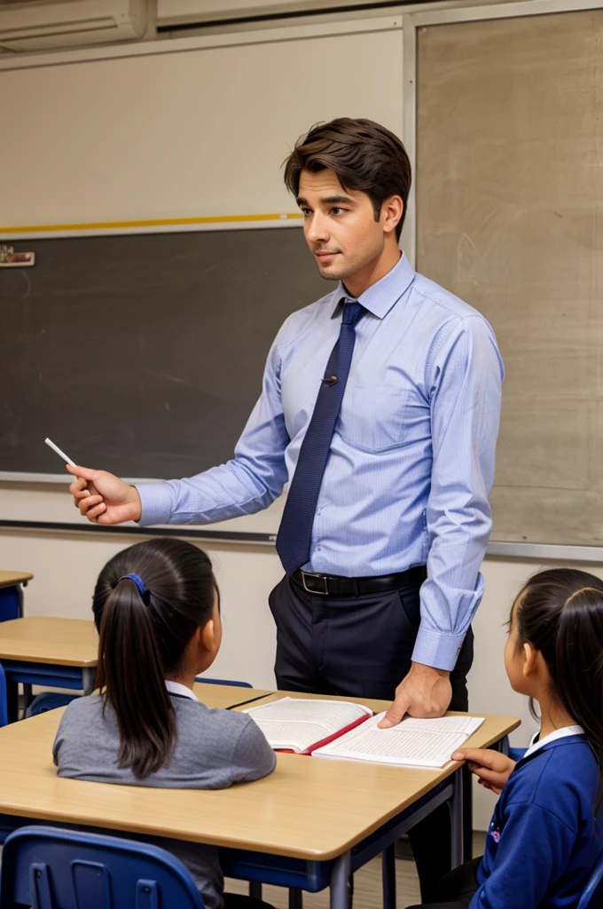 A male teacher teaching students 