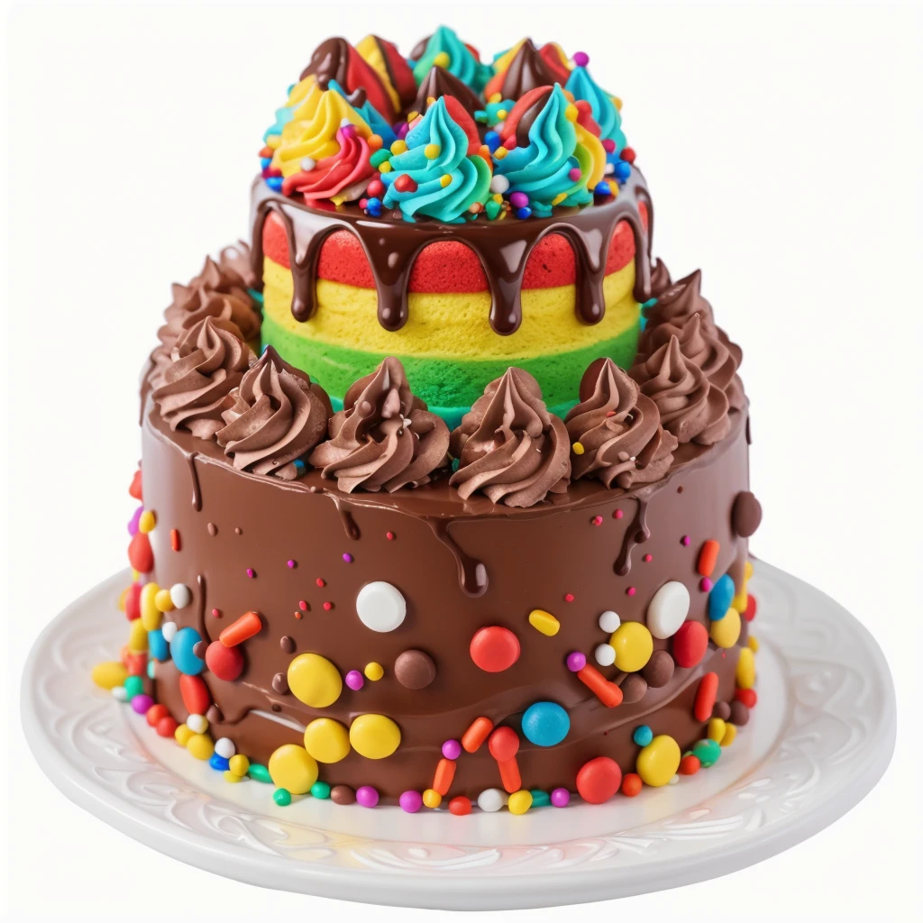 on the white background, on a porcelain plate, a chocolate two-layer cream cake, decorated with sprinkles on the bottom, chocolate cream swirls on the first layer, the second cream layer multi-colored, chocolate ganache on the second layer, multi-colored swirls with sprinkles on top, realistic texture, realistic style, detailed texture, high quality, high resolution, high quality rendering, realistic photo, brightning light, macro photo, ultra hd 4k