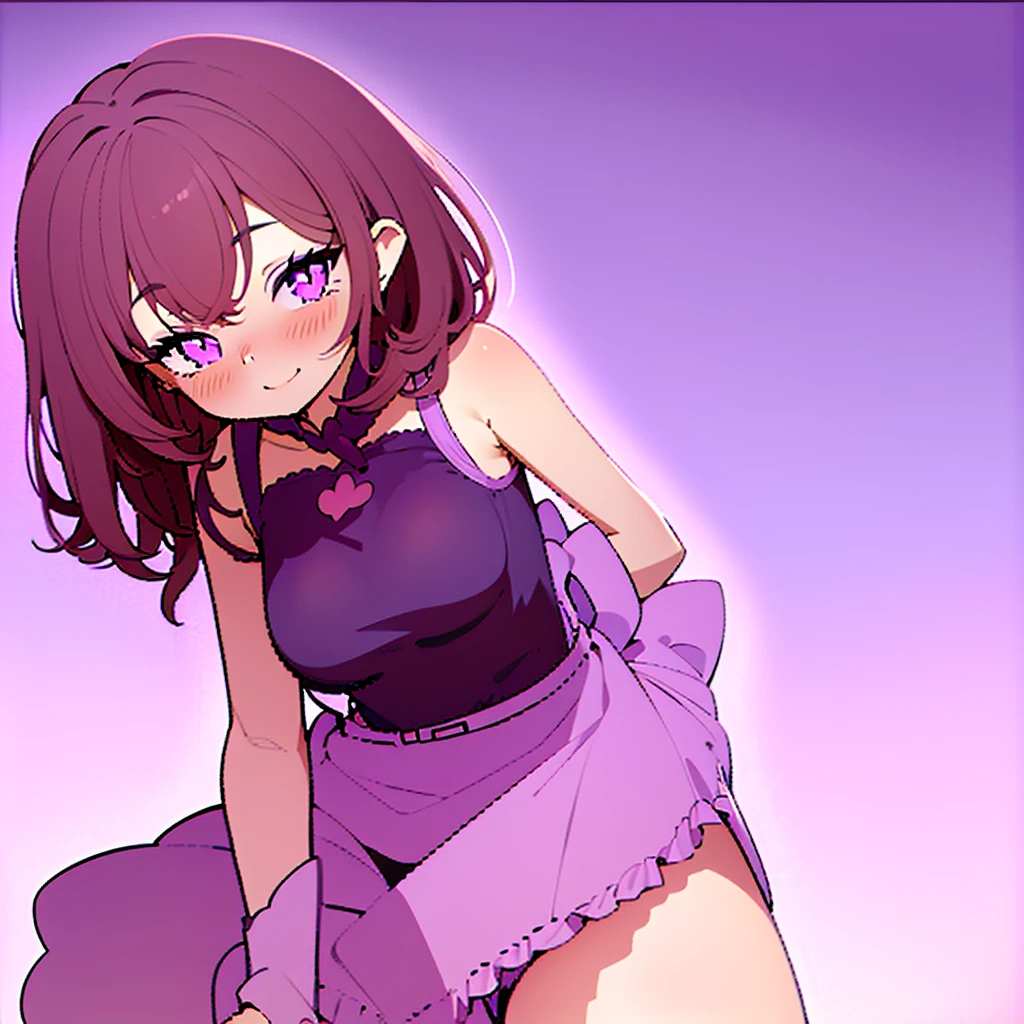 ((best quality)), ((masterpiece)), (detailed),Cute ****,Short Brown Hair,Purple Eyes,Heart shaped pupils,Cute smil,Red Blush,G Cup breasts,big breasts,showed under ,bare thick thighs,cute skirt,Glowing purple eyes,cute pose,hand beneath breasts,purple background lightning