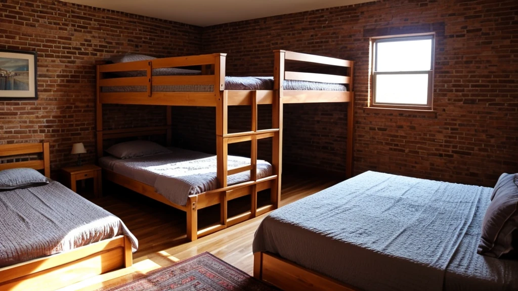 Very simple brick house interior,Very long bunk bed,Empty scene,No furniture,No windows,Without sunlight,night