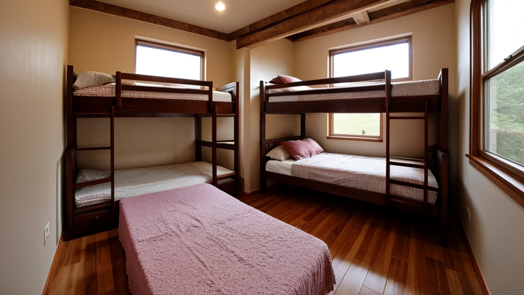 Very simple brick house interior,Very long bunk bed,Empty scene,No furniture,No windows,Without sunlight,night