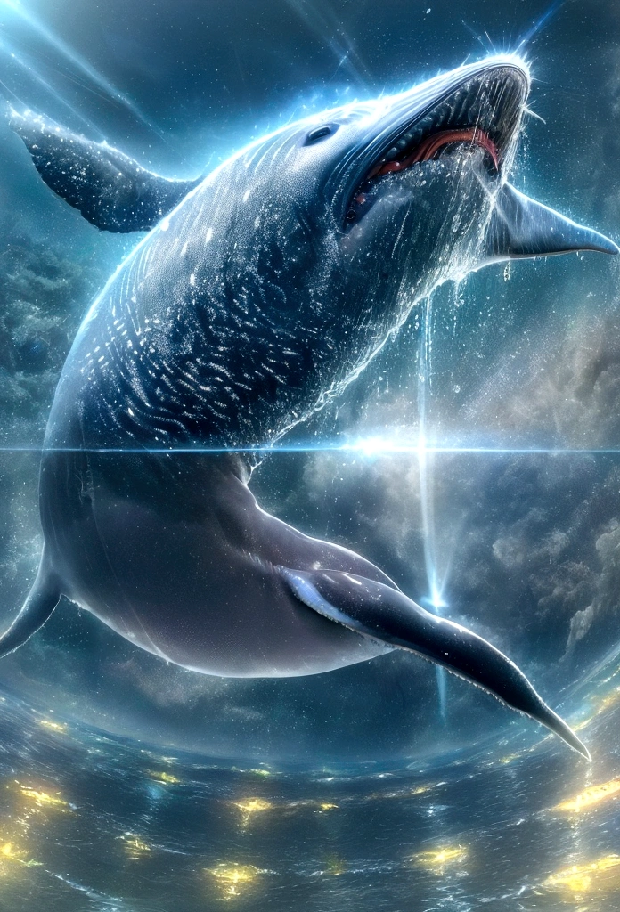 (Excellent: 1.2, Highest Quality), (Realistic, Photorealistic: 1.4), Beautiful illustration, Dutch angle, Reflection of the water surface from underwater, (Electricity-like glow, a large whale diving into the sea), Sparkling light runs through the air, The whale is wrapped in electricity and sparkles, Digital data image background, Rainbow-colored digital space, Large planet in the background,