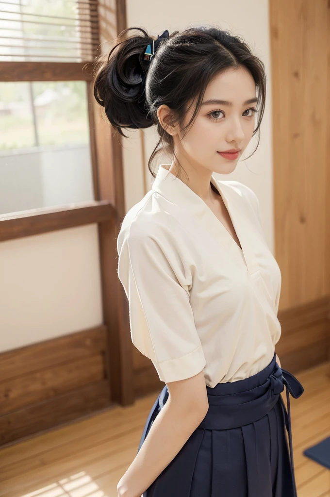(((best quality))),(((ultra detailed))),(((masterpiece))),illustration,1girl,solo,short ponytail,slim,thin,small breasts,flat chest,collar,white kendogi,three-quarter sleeves,navy-blue kendo hakama,standing in kendodo gym,arms behind back,focused and determined expression,ready for challenge,slender and elegant face,confident and resilient,fair skin,blush,neat teeth,bright smile,clean and tidy uniform,wooden gym floor,wall,pine scent,standard grip,ready to slice through obstacles,strong belief,determination,spirit of resilience,admiring,from front,upper body