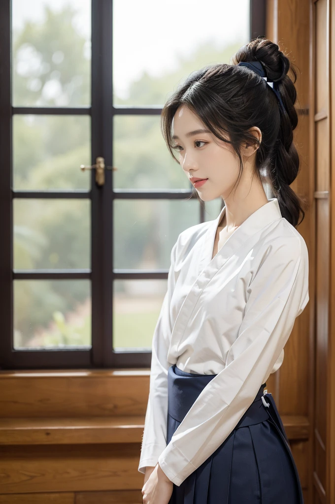 (((best quality))),(((ultra detailed))),(((masterpiece))),illustration,1girl,solo,short ponytail,slim,thin,small breasts,flat chest,collar,white kendogi,three-quarter sleeves,navy-blue kendo hakama,standing in kendodo gym,arms behind back,focused and determined expression,ready for challenge,slender and elegant face,confident and resilient,fair skin,blush,neat teeth,bright smile,clean and tidy uniform,wooden gym floor,wall,pine scent,standard grip,ready to slice through obstacles,strong belief,determination,spirit of resilience,admiring,from front,upper body