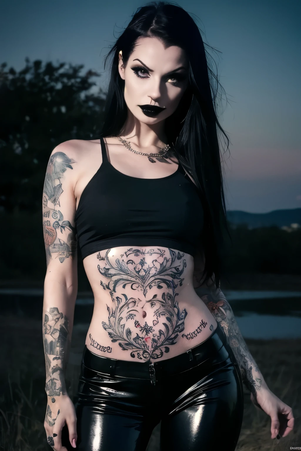 Best quality,work of art,Ultra high resolution,(Realisticity:1.4),original photo,cinematic lighting, 1 girl, (((Hot goth Girl))) Alone, hot Body, ABS, gothic style, at night under the moonlight, wearing black latex pants, black clothes, Gothic style, hot body fit, (((arm tattoo )), (( grayscale tattoo)), heavy metal style, photography, heavy metal concert background. realistic, datailed, detailed face, 4K. ((Night abandoned cemitery background)).