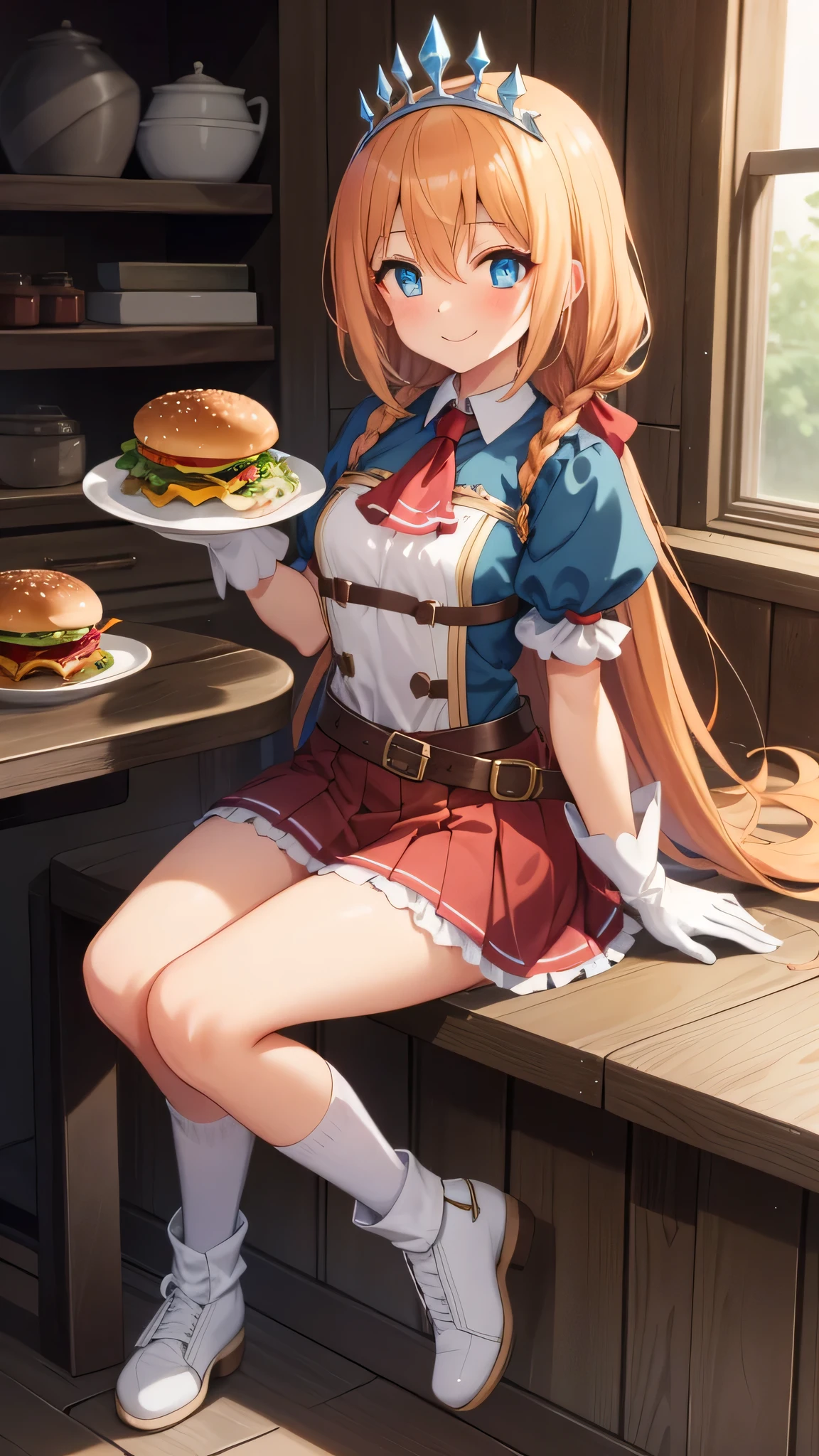 {{{masterpiece}}}, {{{best quality}}}, {{ultra-detailed}}, {illustration}, {{an extremely delicate and beautiful}}, (beautiful detailed eyes:1.6), extremely detailed face, 8k, anime face, BREAK, Pecorine(Princess Connect!), 1 girl, cute face, blue eyes, hair ornament, long hair, orange hair, tiara, braid, hair braid, medium breasts, thin waist, big hips, curvaceous, arm belt, armor, ascot, blue socks, boots, dress, gloves, hair ornament, open clothes, open dress, pauldrons, pleated skirt, puffy short sleeves, puffy sleeves, red ascot, red skirt, white petticoat, short sleeves, shoulder armor, single pauldron, skirt, socks, white dress, white footwear, white gloves, BREAK, smile, lots of food on table, Eating a hamburger, Hamburger(lettuce, tomatoes, onion, cheese), food, and convey a sense of excitement and delight as she prepares to savor the delicious burger, indoor, wooden set meal shop, medium shot