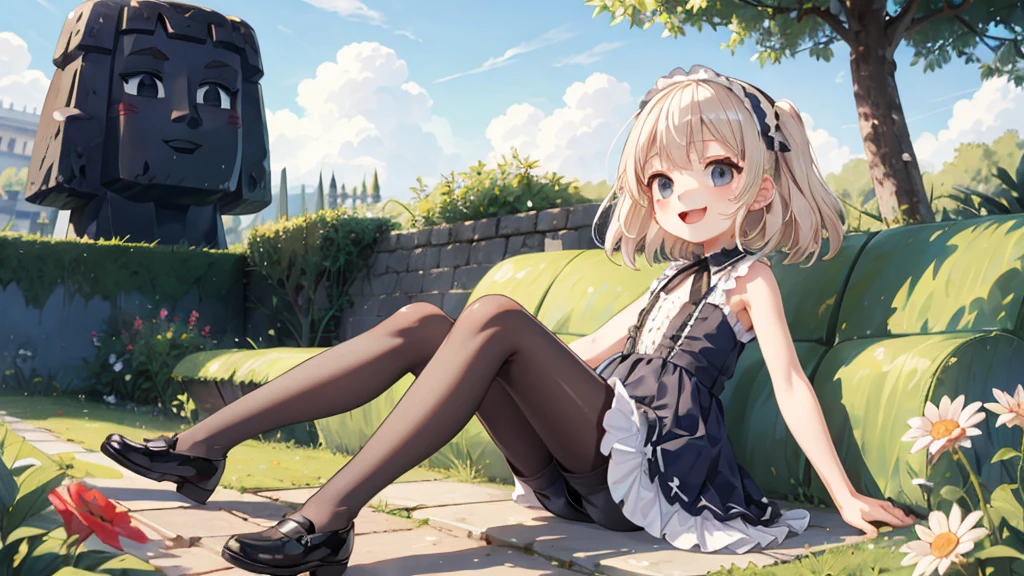 Highest quality, Ultra-detailed, Lolita Fashion, One Girl(8-year-old),Beautiful girl,Laughter, Arms crossed, Platinum Blonde Hair, At Moai Island,Flat Chest,Perfect limbs,The morning sun shines、Grey pantyhose
