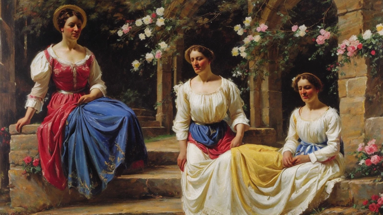 a highly detailed painting of a beautiful woman in medieval attire, she is sitting on a swing decorated with flowers, behind there are stone steps that lead to a tower, there is a cliff, The work has an old style but is rich in details, contrast and colors