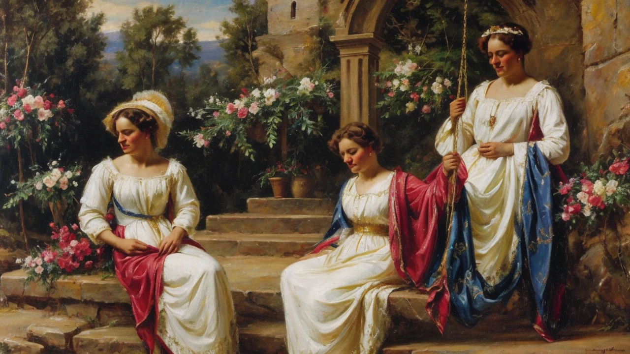 a highly detailed painting of a beautiful woman in medieval attire, she is sitting on a swing decorated with flowers, behind there are stone steps that lead to a tower, there is a cliff, The work has an old style but is rich in details, contrast and colors