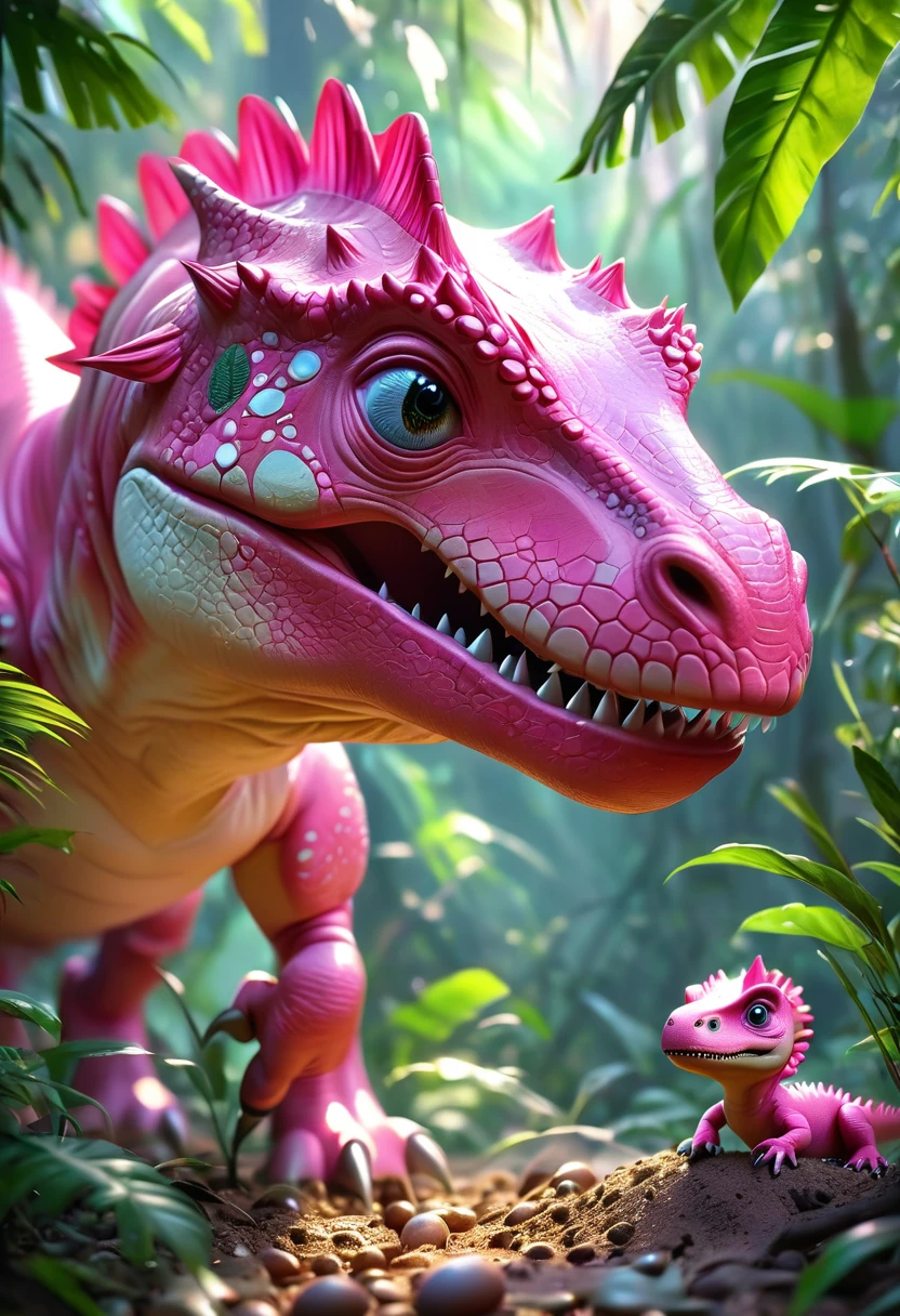 (Two cute pink Tyrannosaurus Rex hatched from eggs), Beautiful and delicate eyes, Long eyelashes,Beautiful and delicate face, Extremely detailed eyes and face, Cute expression, Dense jungle background, Dreamy, Fantastic, watercolor, number, (best quality,4K,8K,high resolution,masterpiece:1.2),Extremely detailed,(Practical,photoPractical,photo-Practical:1.37),Vibrant colors,Soft lighting