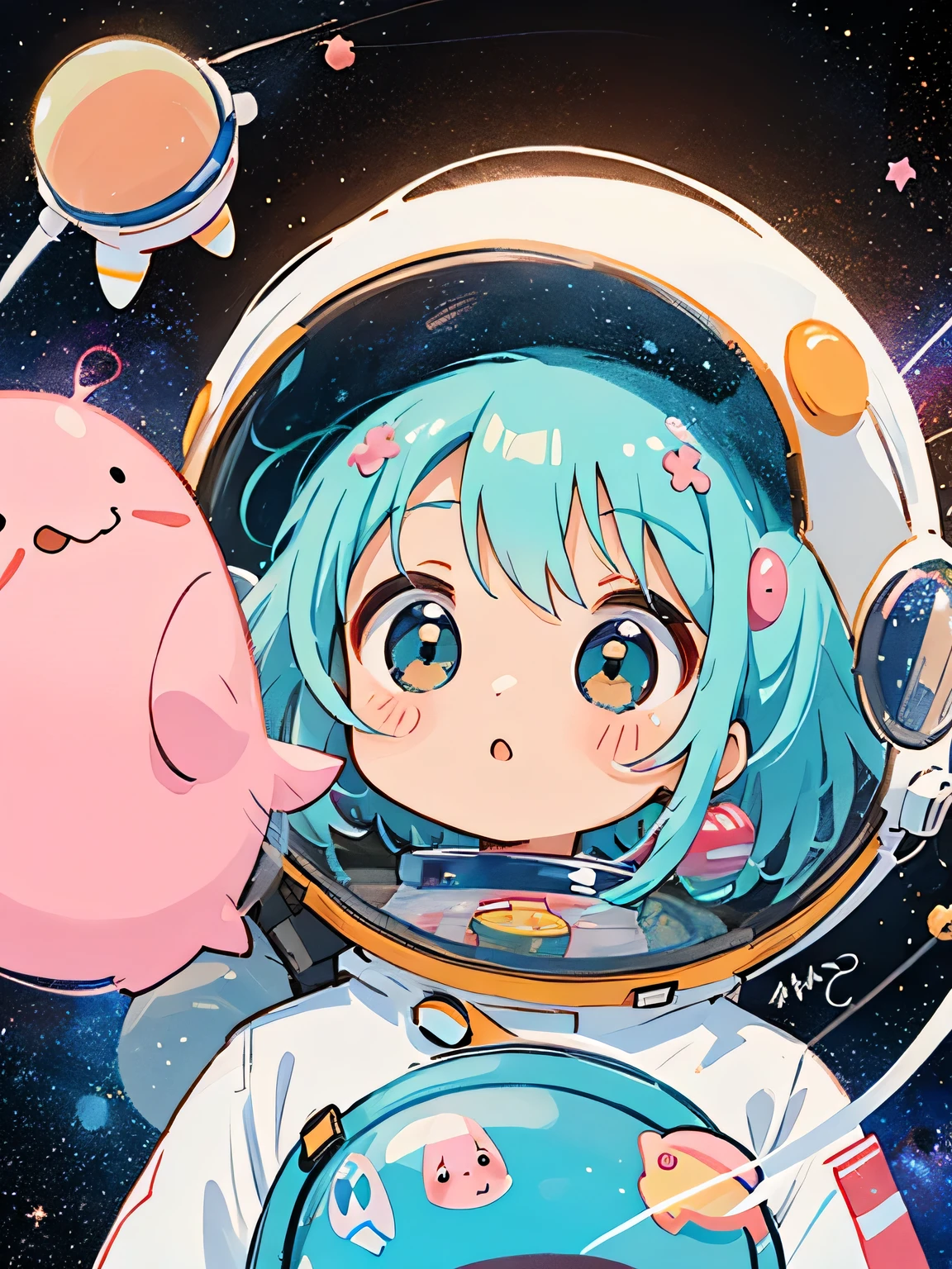 Momoko Sakura style、Kawaii Design, The most beautiful girl of all time、chibi, (((Cute and colorful amoeba))), (((Space Exploration)))