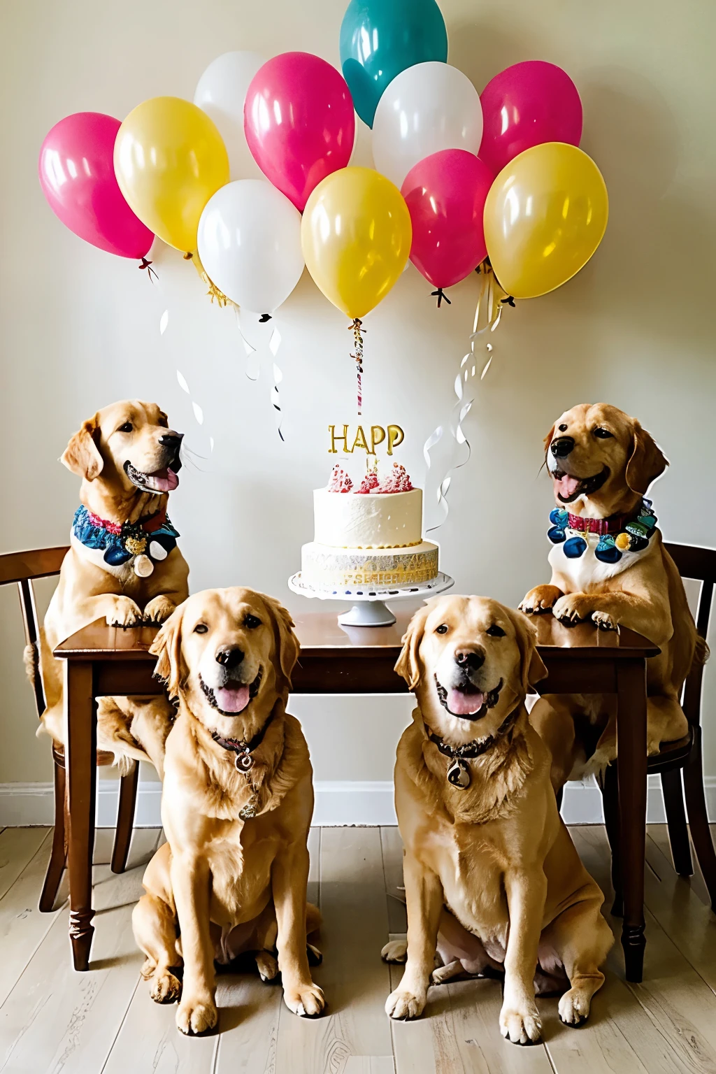 ((mejor calidad)), ((Obra maestra)), (detallado), three golden dogs sitting on chairs around a table on which there is a birthday cake in the foreground, one of them with a bone in its mouth, in a context of celebrations with balloons and candles and many cookies.