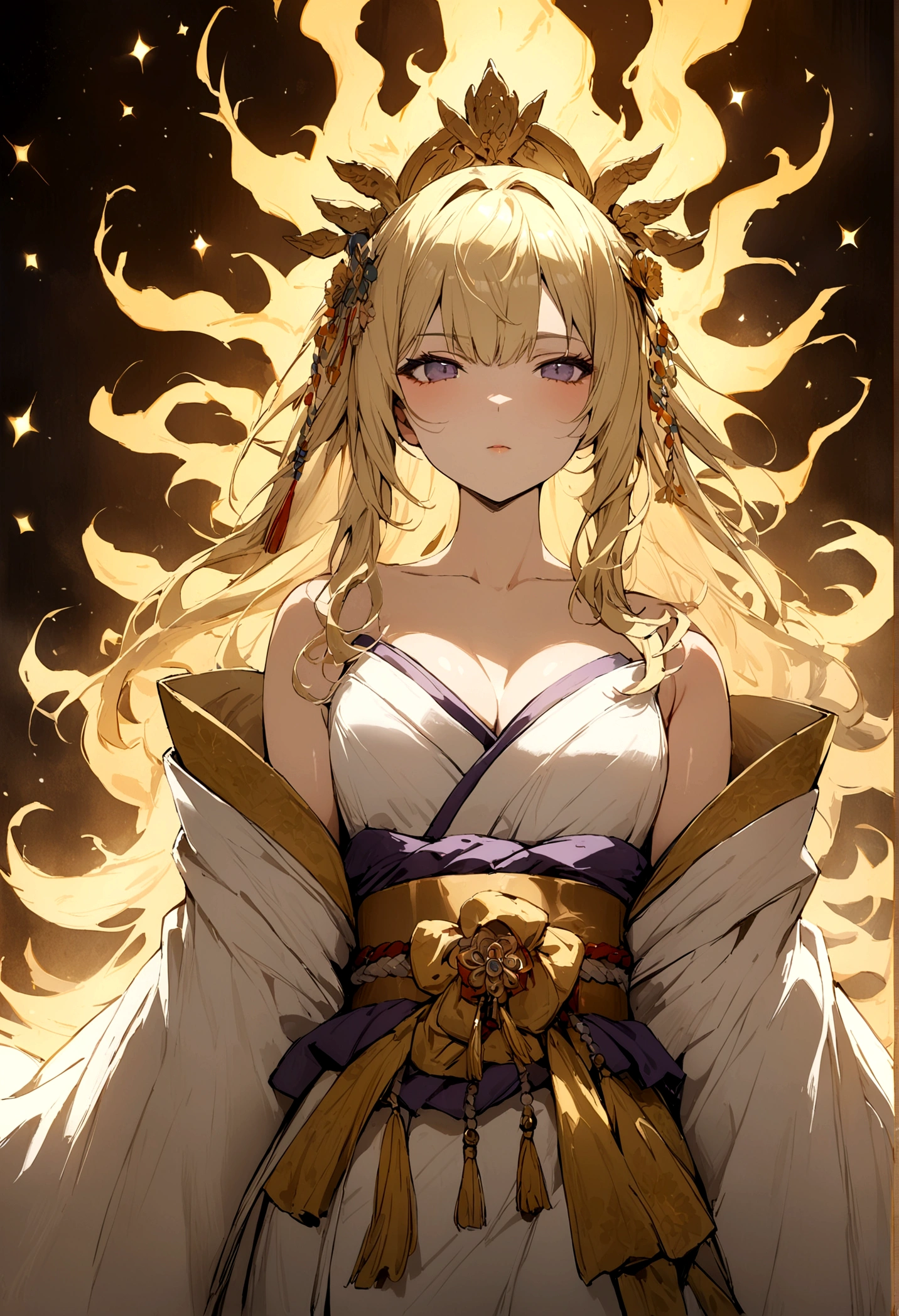 ((Top Quality)), ((Masterpiece)), (Detail), 1 girl, kimono, divine, aura, goddess, spiritual, haloed, fantastic, blonde, glittering background, facing front