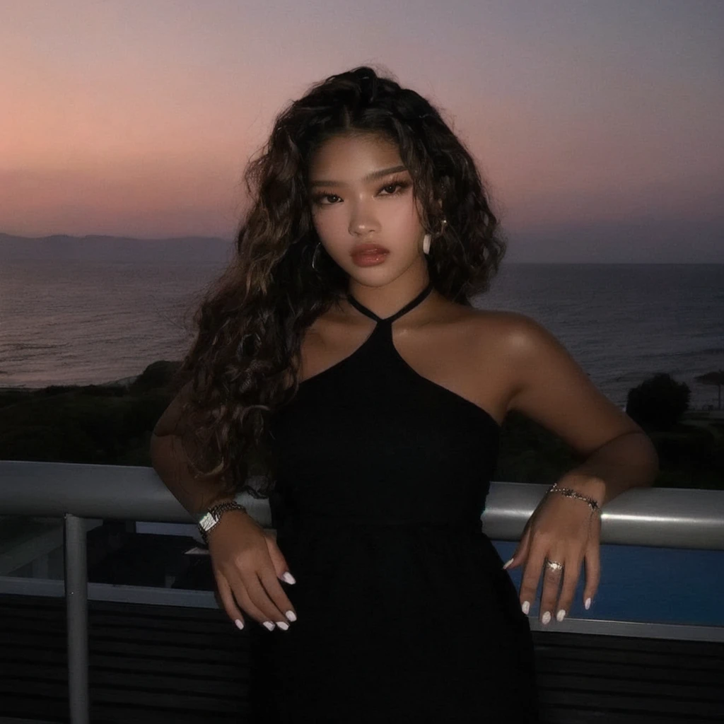Araffe woman in a black dress on a balcony overlooking the ocean, she has olive brown skin, At the sunset, Zendaya, cerveja madison, by Alexis Grimou, looks like fabiula natal, soft devil queen cerveja madison, looks like Laura Barriales, gorgeous lady, inspired by Isaiah Boursse, tirada na hora dourada, :: cerveja madison , jennie blakcpink, jennie blackpink, Jennie Kim, Kim Jennie