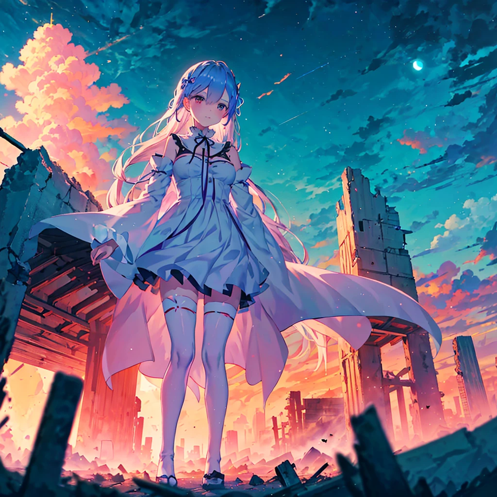 Re:zero, Rem, a cute girl, アニメ風, Ultra-detailed, best quality, post apocalypse background, standing on a large pile of rubble in the back, surroundings clearly visible, frightening, backlit, shadow, blue, night, full moon, mysterious, tattered maid clothes, pale color