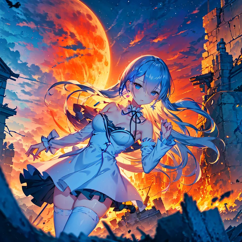 Re:zero, Rem, a cute girl, アニメ風, Ultra-detailed, best quality, post apocalypse background, standing on a large pile of rubble in the back, surroundings clearly visible, frightening, backlit, shadow, blue, night, full moon, mysterious, tattered maid clothes, pale color