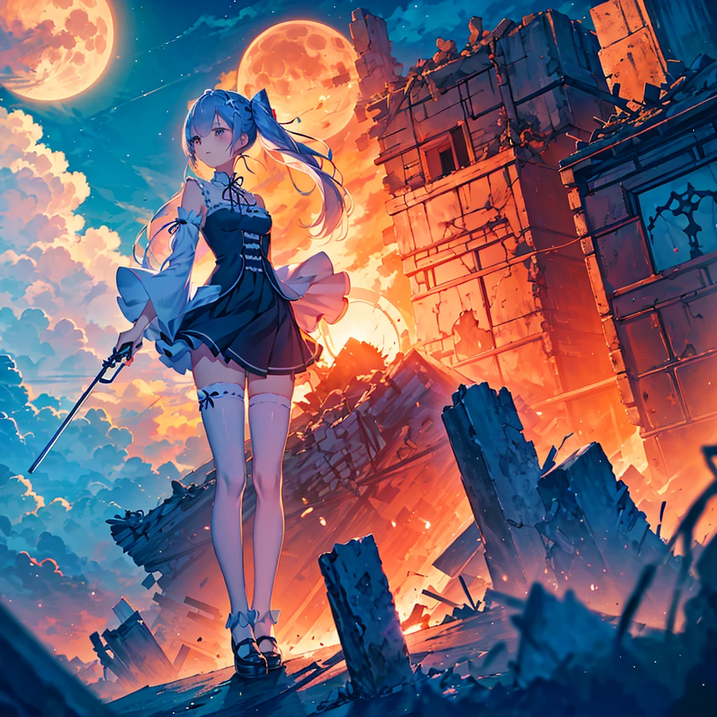 Re:zero, Rem, a cute girl, アニメ風, Ultra-detailed, best quality, post apocalypse background, standing on a large pile of rubble in the back, surroundings clearly visible, frightening, backlit, shadow, blue, night, full moon, mysterious, tattered maid clothes, pale color