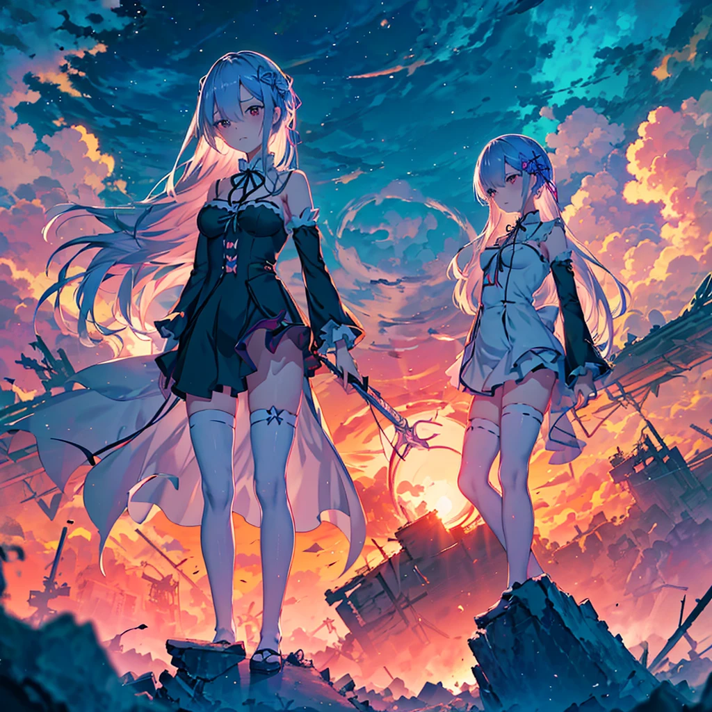 Re:zero, Rem, a cute girl, アニメ風, Ultra-detailed, best quality, post apocalypse background, standing on a large pile of rubble in the back, surroundings clearly visible, frightening, backlit, shadow, blue, night, full moon, mysterious, tattered maid clothes, pale color