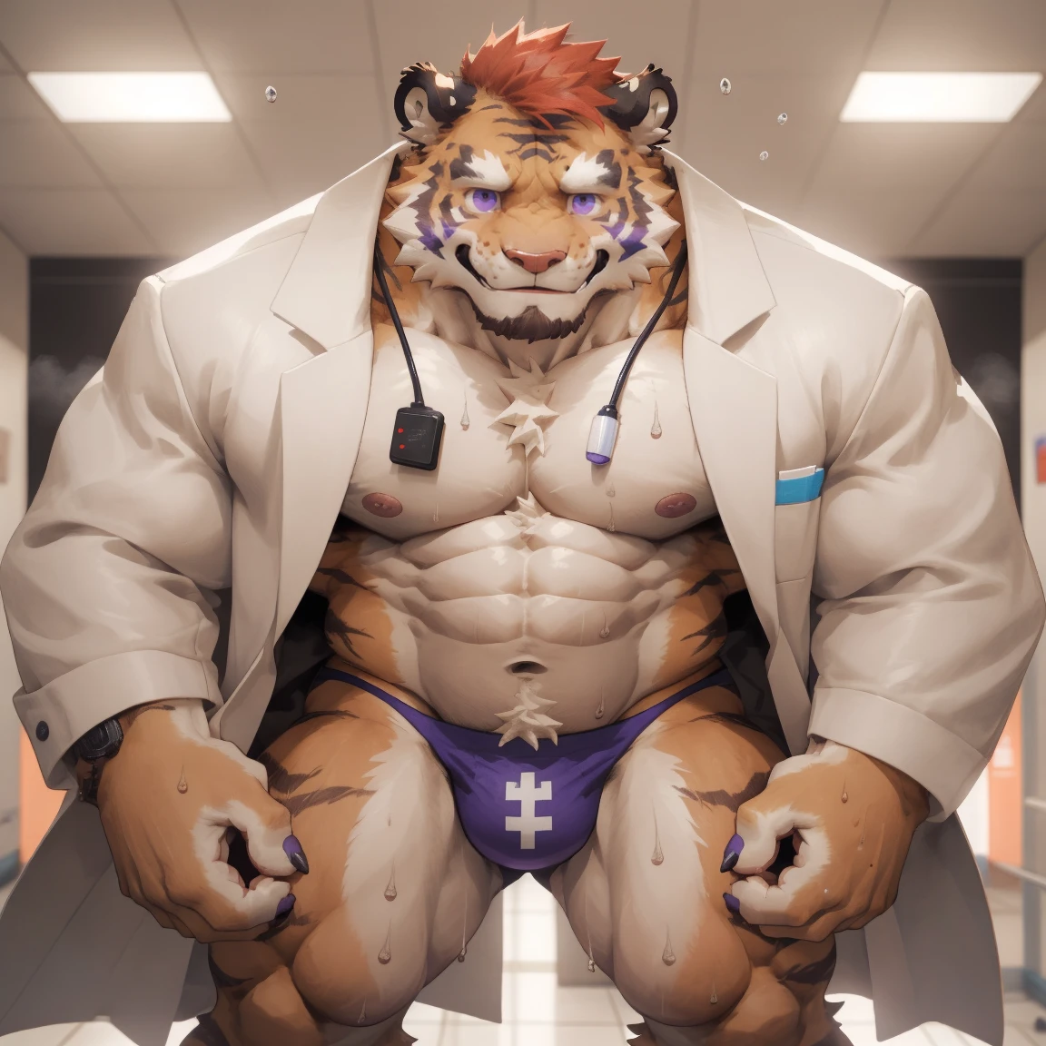 masterpiece, best quality, 8k resolution, Very detailed, hairy,tiger,((red hair)),muscle,Strong,超大muscle,((Hospital)),(((Purple pupils))),For the audience,(((White coat))),portrait,(((No clothes under the coat))),(Highest quality scene),(((Thong))),(((Blushing))),(((Hip bulge))),(((Ultra clear eyes)),((Solitary)),((whole body)),(((Standing))),((Mature)),(((Uncle))),(((Orange fur))),((Shame)),((Smile)),(((Open your legs))),(((Sweating)))