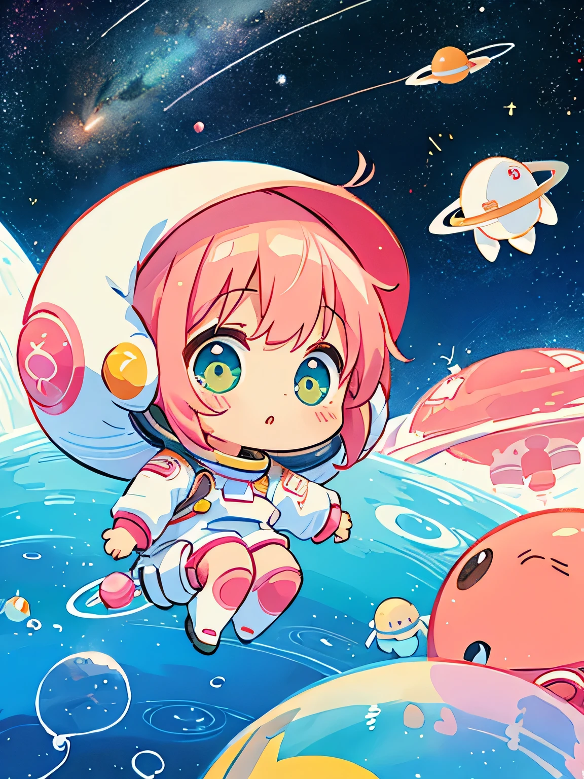 Momoko Sakura style、Kawaii Design, The most beautiful girl of all time、chibi, (((Cute and colorful amoeba))), (((Space Exploration)))